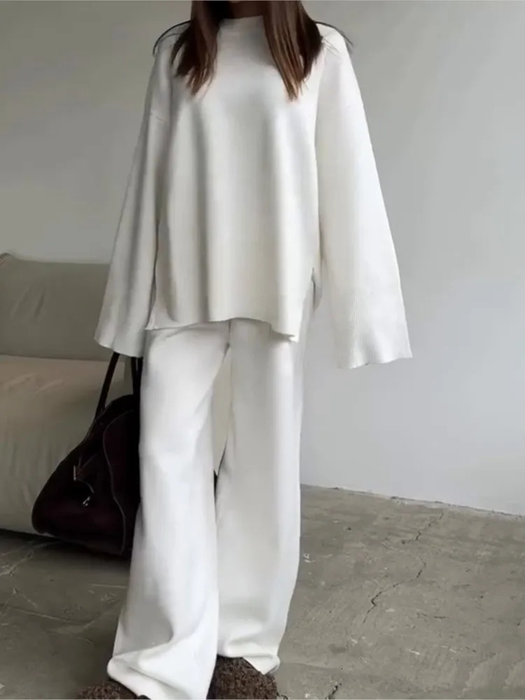 Solid Color Knitted Sweater Two Piece Set Women Fashion Loose O Neck Knitting Pullover Trousers Sets Female Simple Style 250714