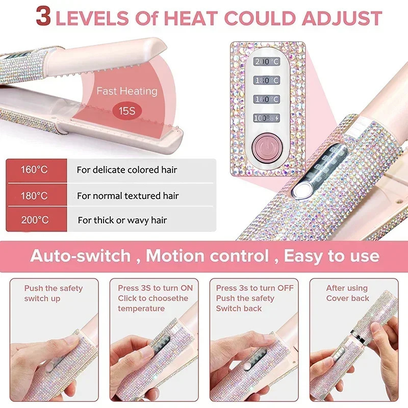 2-IN-1 Electric USB Hair Straightener Curler Fashion Colored Diamond Wireless Travel Hair Straightening Styler Brush 250717