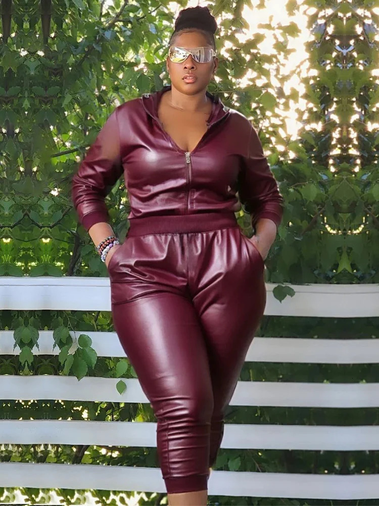 Wmstar Plus Size PU Two Piece Outfits Women Fall Clothing Hoodies Coat Pants Sets Legging Matching Set Wholesale Drop 250714