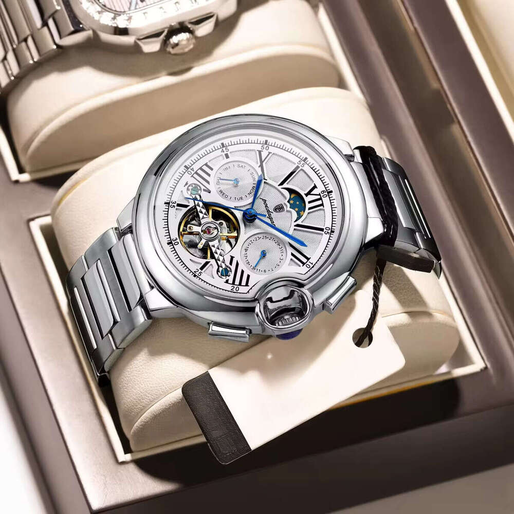 DHwatches Men's Mechanical Watch - Multifunction Moon Phase, Date & Day Display, 30M Waterproof, Stainless Steel Band, Casual Wristwatch