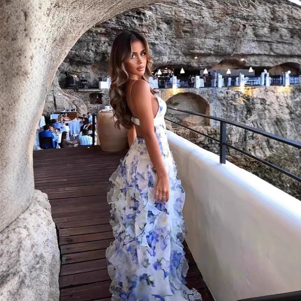 2026 New Off shoulder Womens Dress Fashion Chiffon Printed Fairy Long Elegant Evening Dress