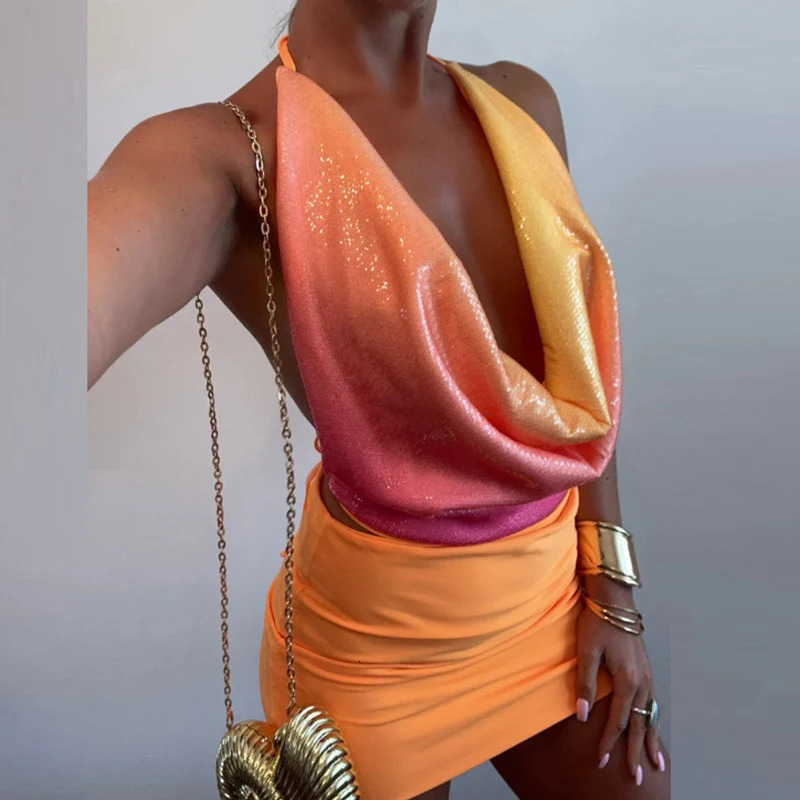 Casual Beach Vacation 2 Piece Set Women Sleeveless Backless Hollow Suit Sexy Swinging Collar Sequin Tank Top Mini Skirt Outfit 250714