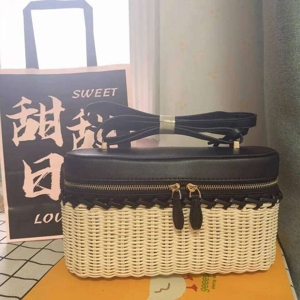 Fashion Woven Rattan Box PU Leather Shoulder Handbag Long Tote Vacation Holiday Shopping Commuting Bag