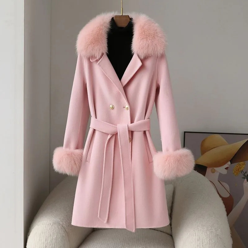 s Autumn Winter Women Fur Coat Cashmere Wool Blends With Detachable Fox Fur Collar Cuffs Slim Ladies Overcoat 250717