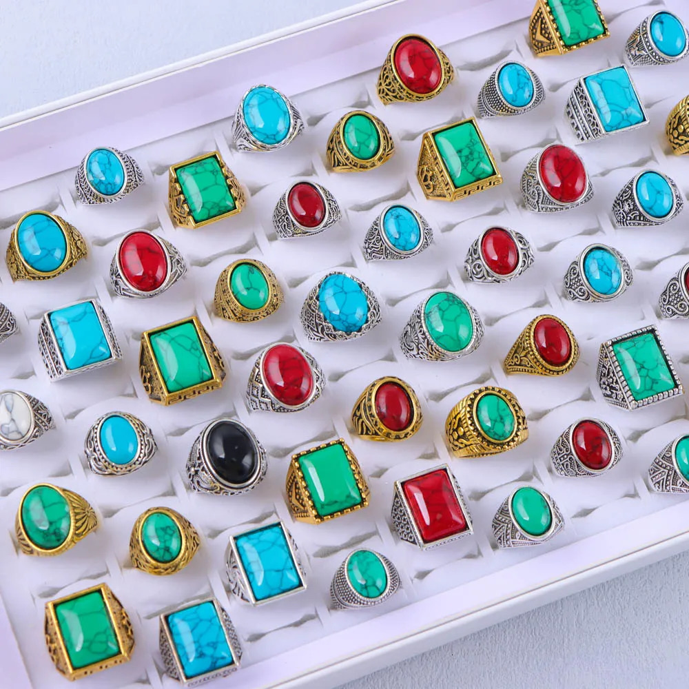 10/20/30/50Pcs/Lot Vintage Nature Stone Rings For Women Men Mix Style Round Square Geometry Jewelry Party Gifts Wholesale 250716
