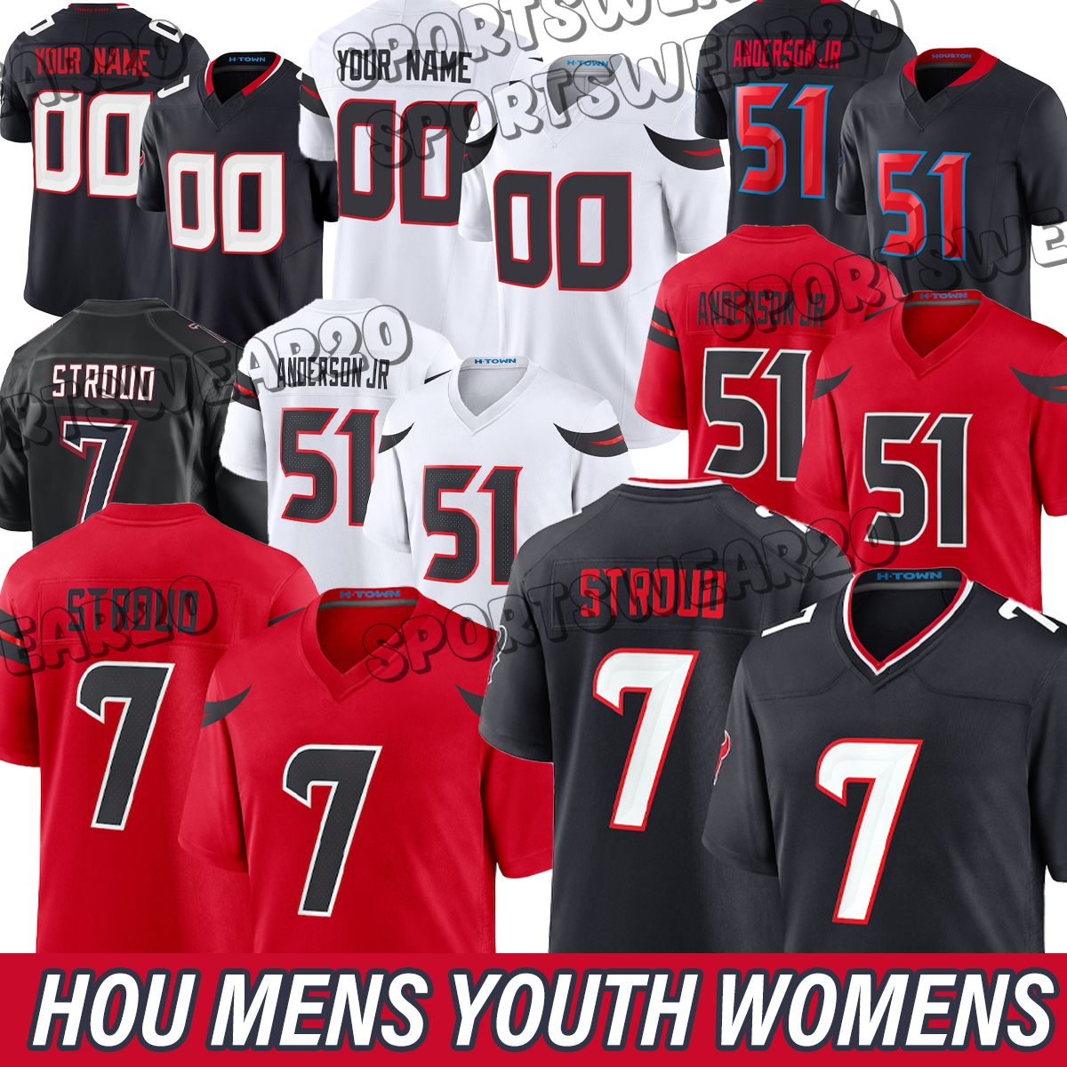 Houstons Texan jersey #7 Stroud #1 Diggs #51 Anderson Jr #3 Dell #24 Stingley Jr C.J. Stroud Stefon Diggs Will Anderson Jr. Tank Dell Derek Stingley Jr.