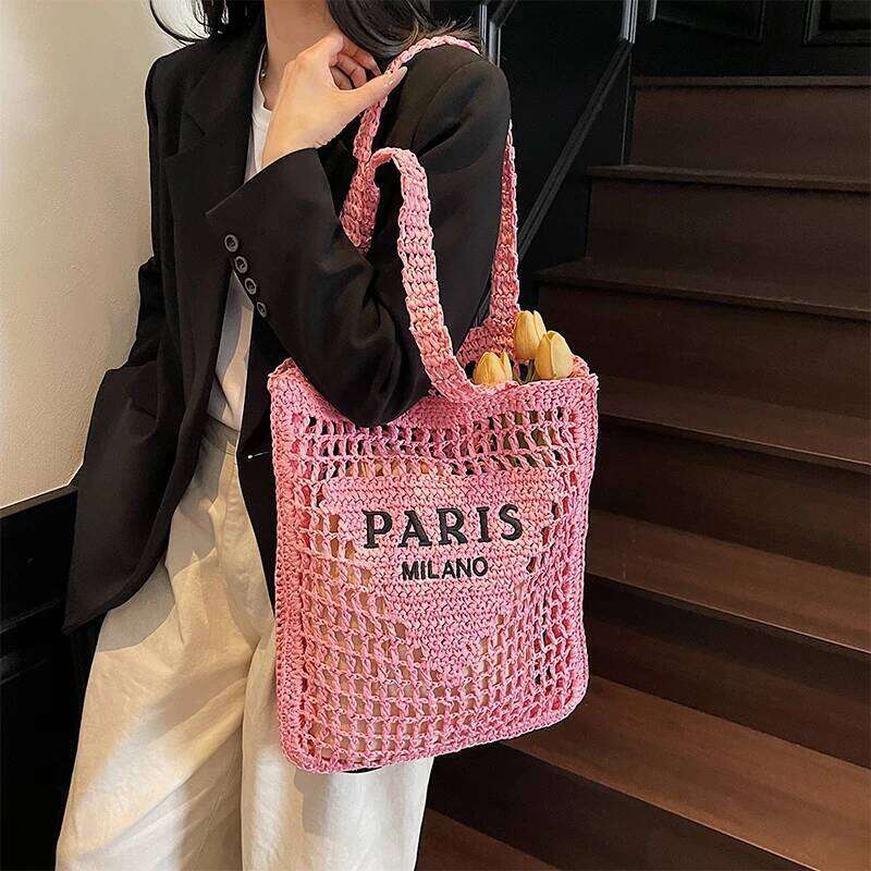 2025 Fashion Straw Letters Women's Shoulder New Hollow Weaving Large Capacity Handbag Beach Versatile Underarm Bag Women
