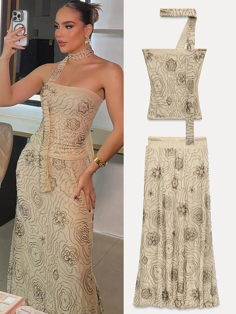 Summer Floral Beading Long Skirta Sets Women Sequin Embroidery Backless Scarf Halter Tube Vest A-line Skirts Beach 2 Pieces Sets 250714