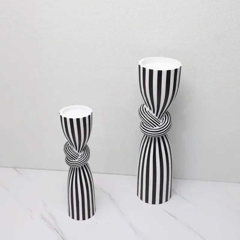 Black and White Striped Twisted Rope Knot Single Candle Holder Resin Dining Table Wedding Center Decoration Modern Decoration W250721