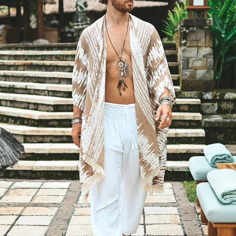 Vintage Pattern Print Trench Coat for Men Casual Loose Tassel Shawl Top Cardigan Summer Hawaiian Beach Sunscreen Cloak Men Capes 250714