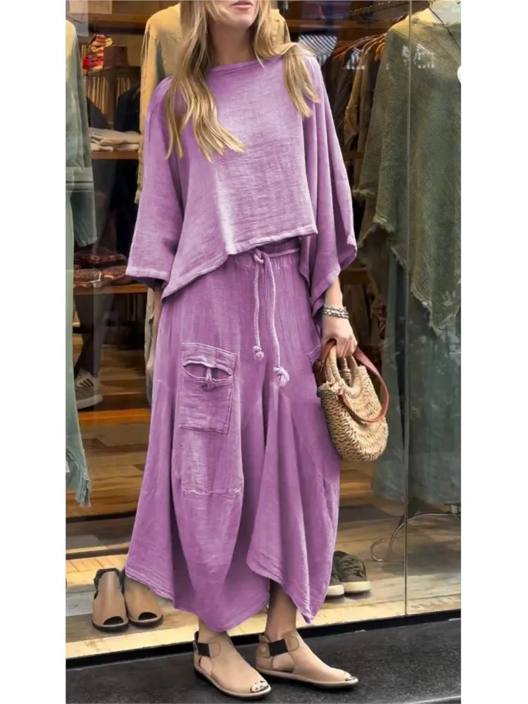 Casual Cotton Linen T Shirt Skirt Two Piece Set Women O-neck Batwing Sleeve T Shirt Outfits Autumn Winter Loose Solid Suit 250714