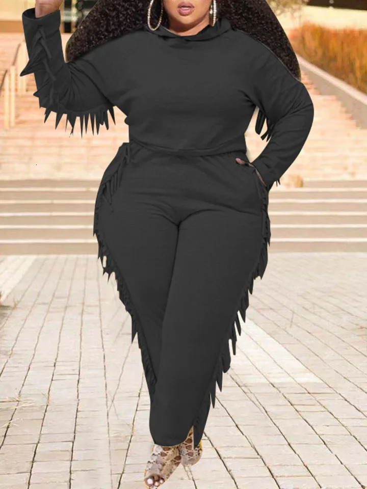 4Xl 5XL LW Plus Size Autumn Winter Hooded Collar Tassel Long Sleeve Casual Daily Regular Round Neck Pants Set For Women 250714