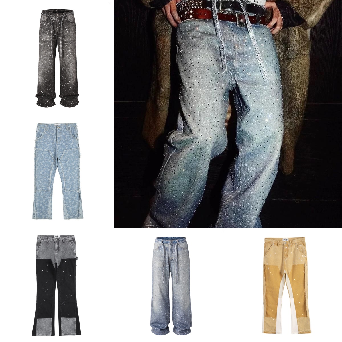 Men's Jeans Men Full Rhinestone Print Washed Blue Baggy Mens And Women Fashion Y2K Hip Hop Streetwear Solid Casual Denim Trousers Loose