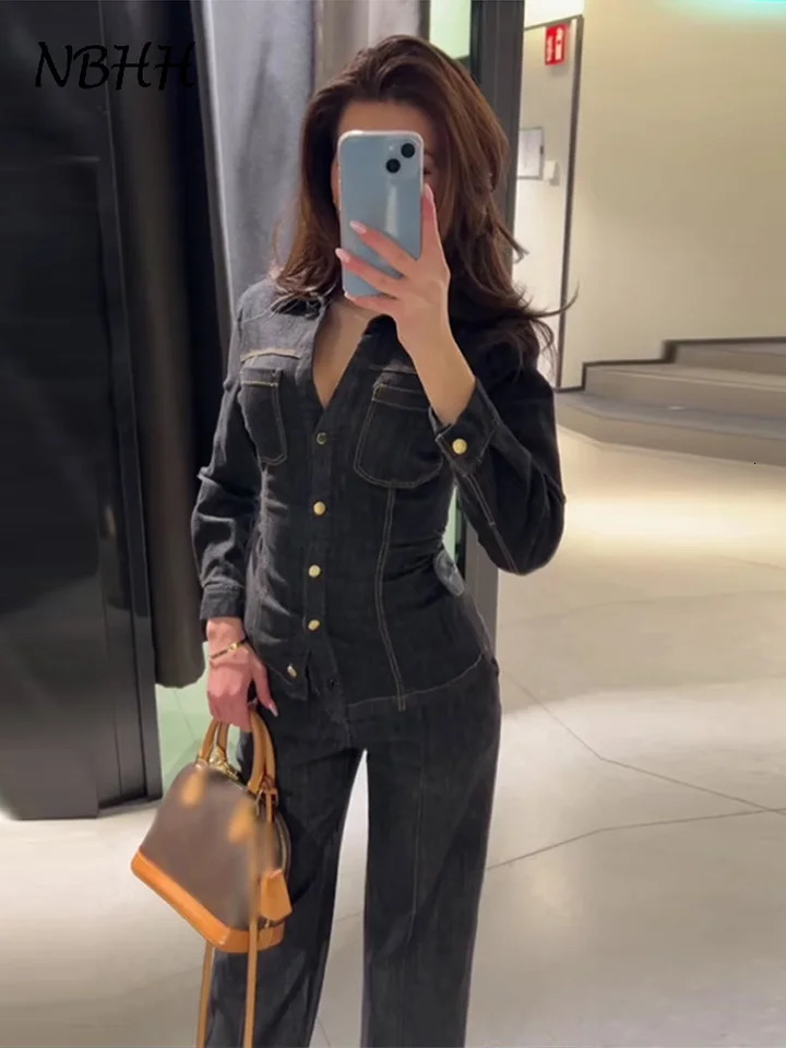 Street Vintage Denim Pants Set Slim Long Sleeve Lapel Single Breasted Jacket Straight Trousers 2025 Autumn Lady Outfits 250717