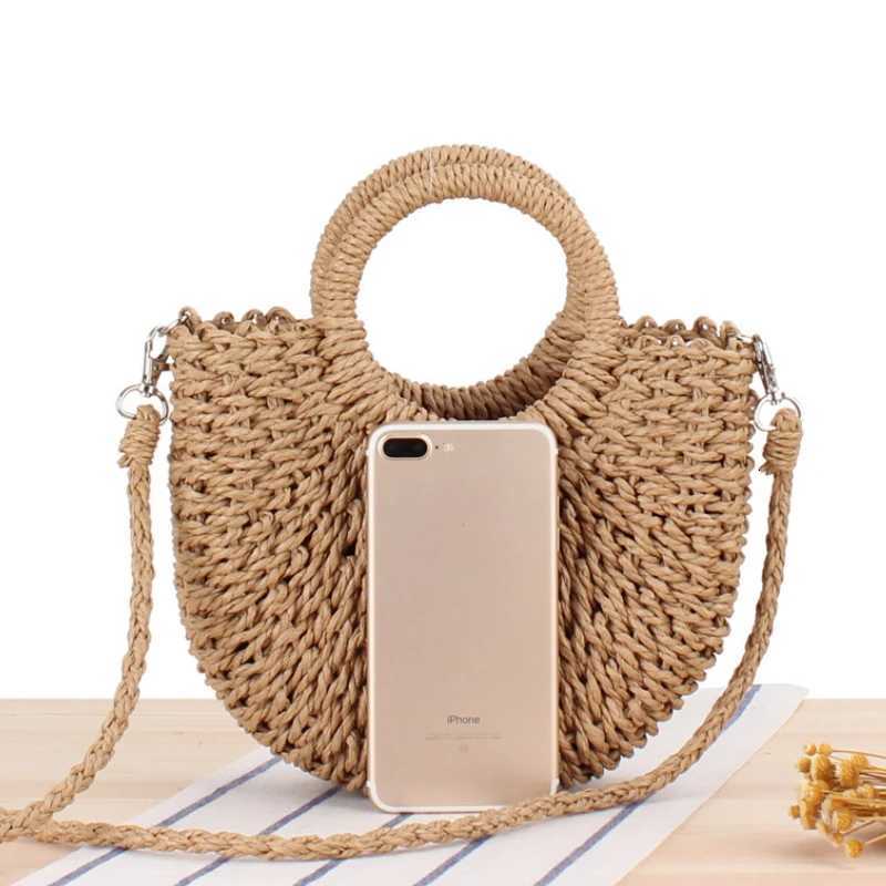 Straw Women Half-moon Beach Handbag Rattan Handmade Handle Summer Fashion Kintted Tote Bag Ladies Straw Bag Wrapped Beach Bag S250721