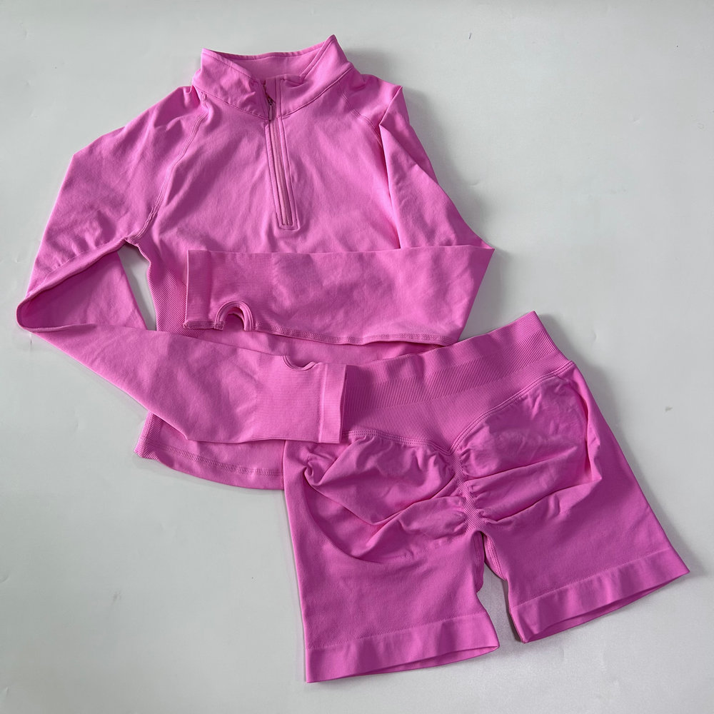 2pcs Sport Sets Long Sleeve Jacket Yoga Top With Half Zip Coat Women Push Up Shorts Fiess Suits Seamless Running Workout Set Clothing Activewear