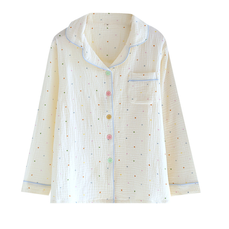 B982-Pure cotton home wear tops for women, single piece, spring and autumn thin gauze long-sleeved cardigan, printed lapel pajamas, loose and casual