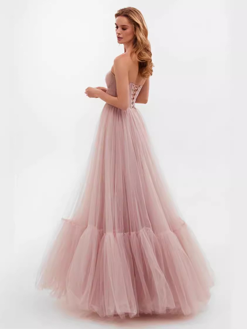 L7201Foreign trade long women's clothing wish one shoulder mesh long sleeve wedding dress tulle long skirt