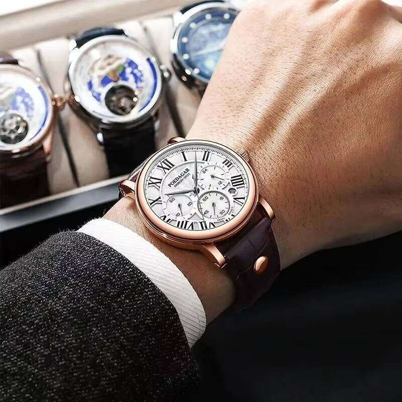DHwatches Men's Ultra-Thin Leather Strap Watch - Multifunction Chronograph, Date Display, 50M Waterproof, Sapphire Crystal, Casual Quartz Watch