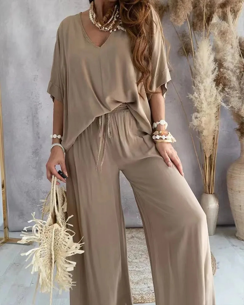Summer Long Pant Sets Two Piece Set For Women V Neck Bat Sleeve Loose Wide-leg Pants 2 Piece Set Solid Color Casual Outfits 250714