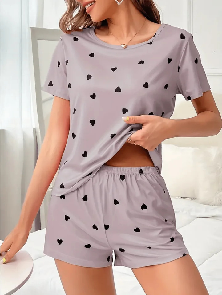 2Piece Womens Love Print Knit Fashionable Soft Short Sleeve and Shorts Sleepwear Set for Comfortable Home Wear 250717