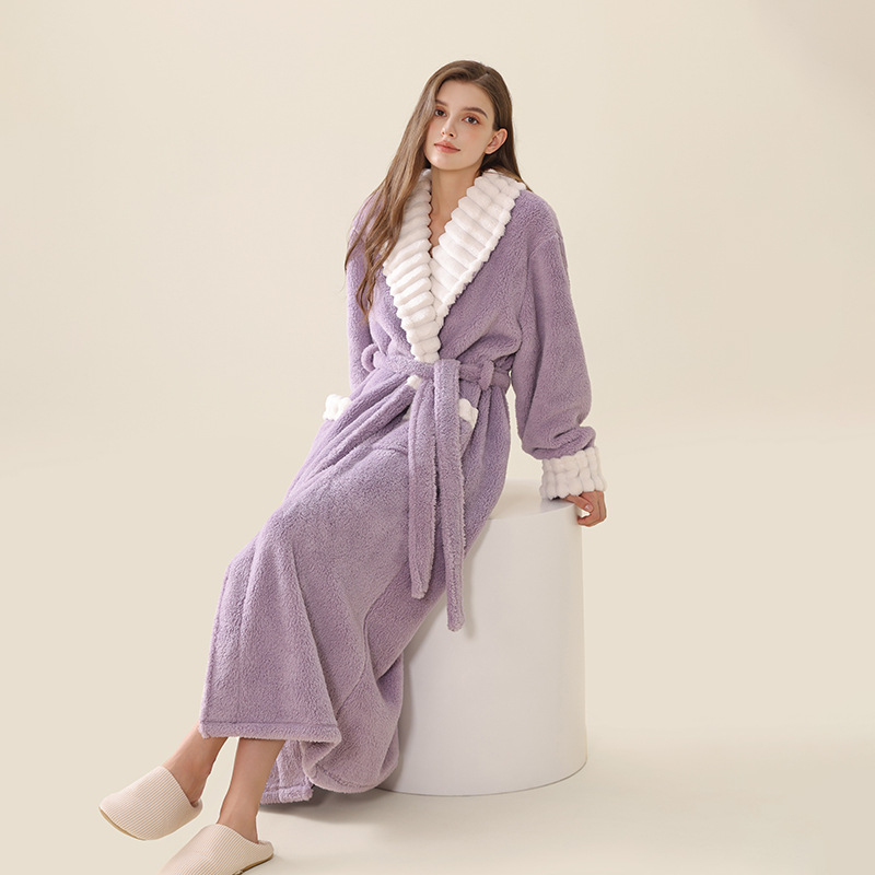 Y26-Nightgown women autumn and winter long coral fleece bathrobe plus velvet thick warm home wear