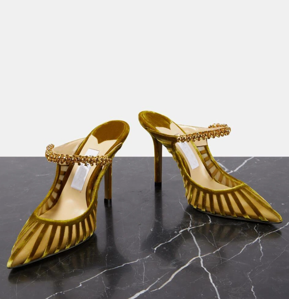 Top Luxury Women Bing Sandals Shoes Crystals Strappy Mesh & Velvet Mules Pointed Toe High Heels Lady Evening Dress Elegant Walking 35-42 BOX