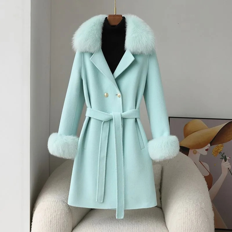 s Autumn Winter Women Fur Coat Cashmere Wool Blends With Detachable Fox Fur Collar Cuffs Slim Ladies Overcoat 250717