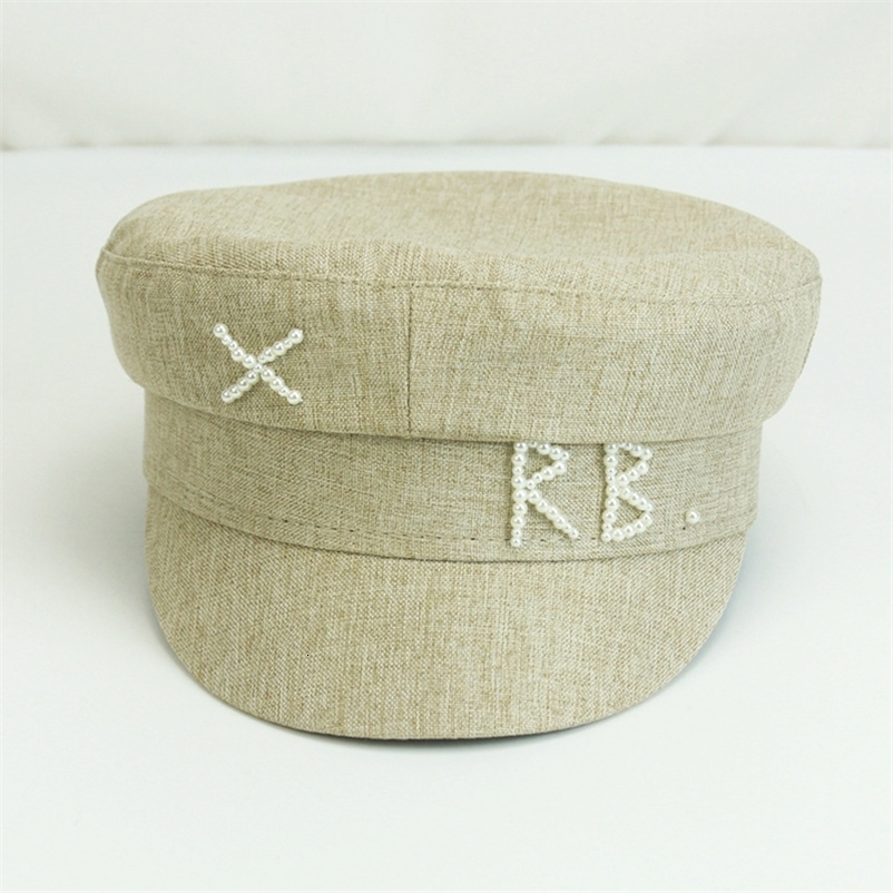 Women Pearls R B Letter Militray Hat Adjustable Flat Top sboy Caps Fashion Female Navy Hat Casual 250717