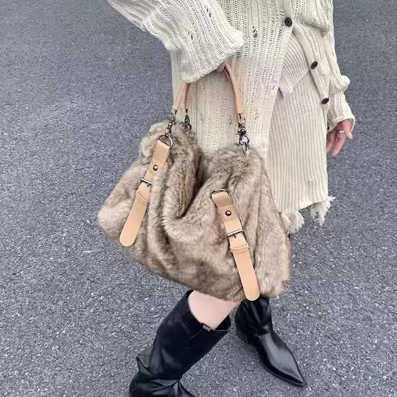 Jiaerdi Plush Large Capacity Tote Bag Women Vintage Autumn Winter Fur Soft Khaki Handbag Female Retro Casual Messenger Bag Y2k 250717