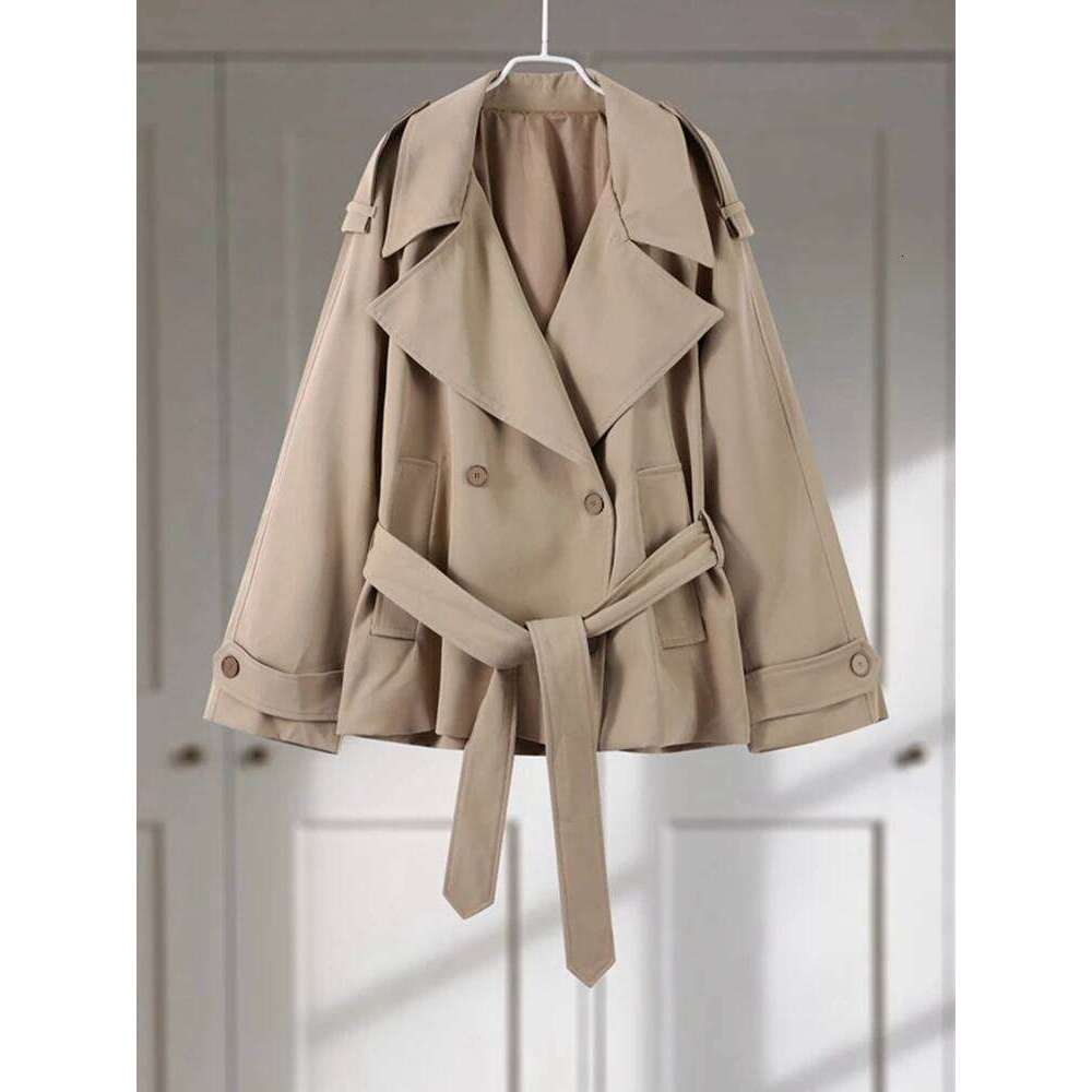 hoodie Casual Loose Jackets Women Lapel Long Sleeves Belt Double Breasted Short Windbreaker Spring Fashion Chic Streetwears Lady jacket