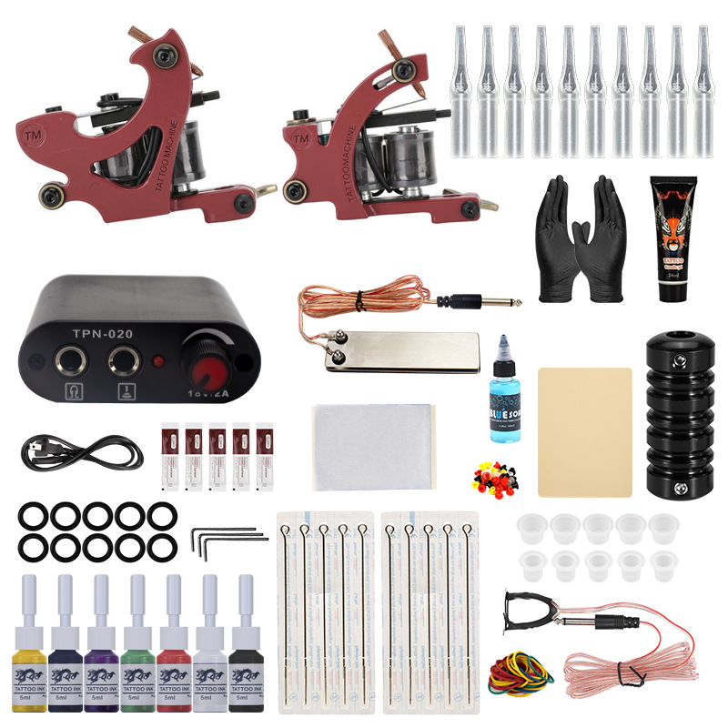 Complete Tattoo Machine Kit Set 2 Coils Guns 6 Colors Black Pigment Sets Power Tattoo Beginner Grips Kits Permanent Makeup