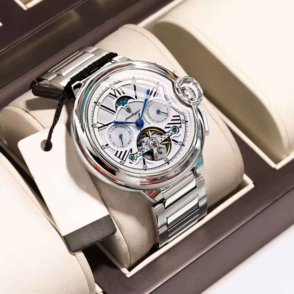 DHwatches Men's Mechanical Watch - Multifunction Moon Phase, Date & Day Display, 30M Waterproof, Stainless Steel Band, Casual Wristwatch