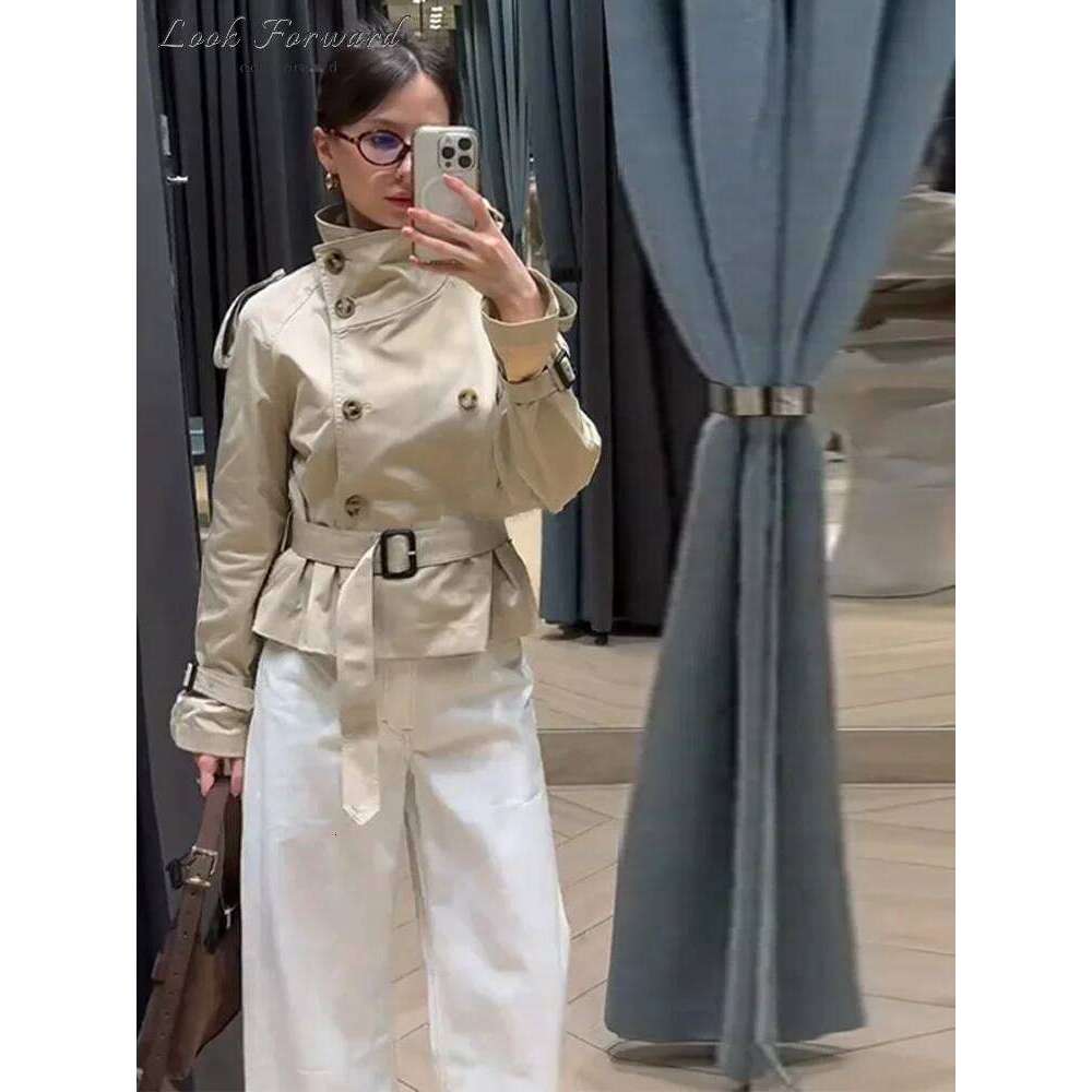 hoodie Khaki Trench Coat Women Double Breasted Jacket Woman Stand Collar Full Sleeve Pocket Spring Autumn Casual Loose Outerwears Lady jacket