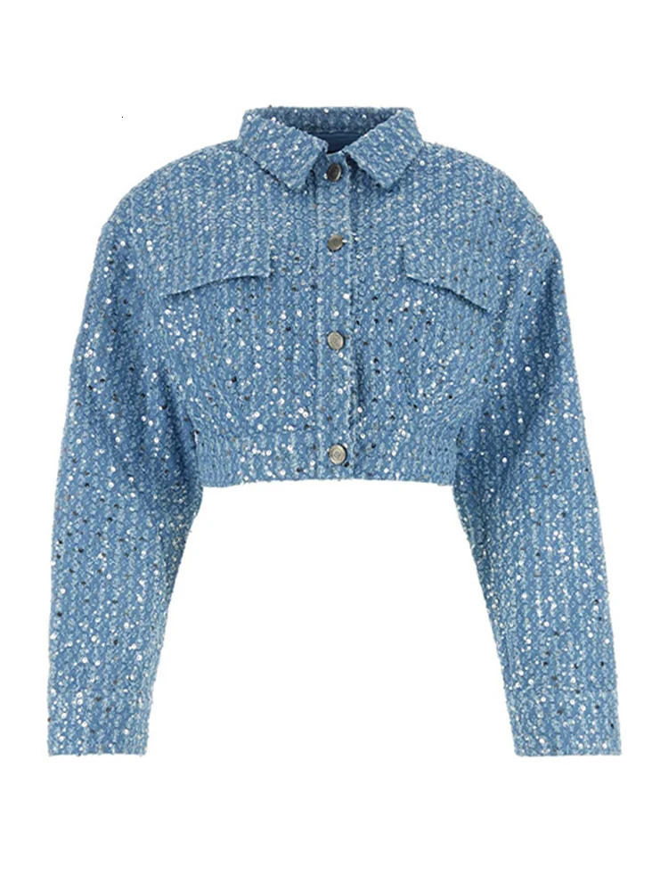 Womens Denim Sequined Shorts Sets 2 Pieces Spring Outfit Outwear Long Sleeve Lapel Coats Slim Short Pants Suit Female 250714