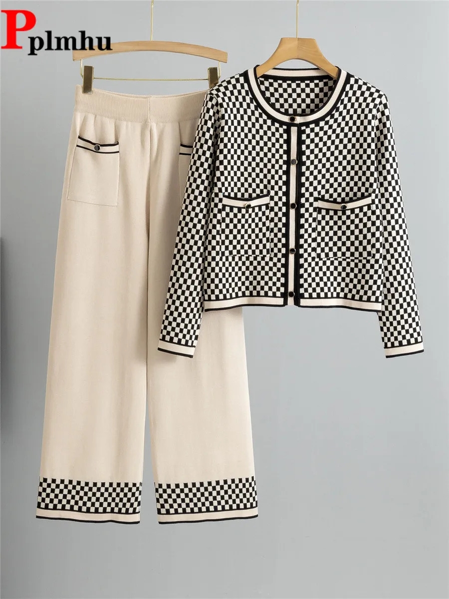 Plaid n Knitted 2 Piece Sets Women Single Breasted Knit Sweater Cardigan Tops Conjuntos High Waist Wide Leg Pants Outfit 250721