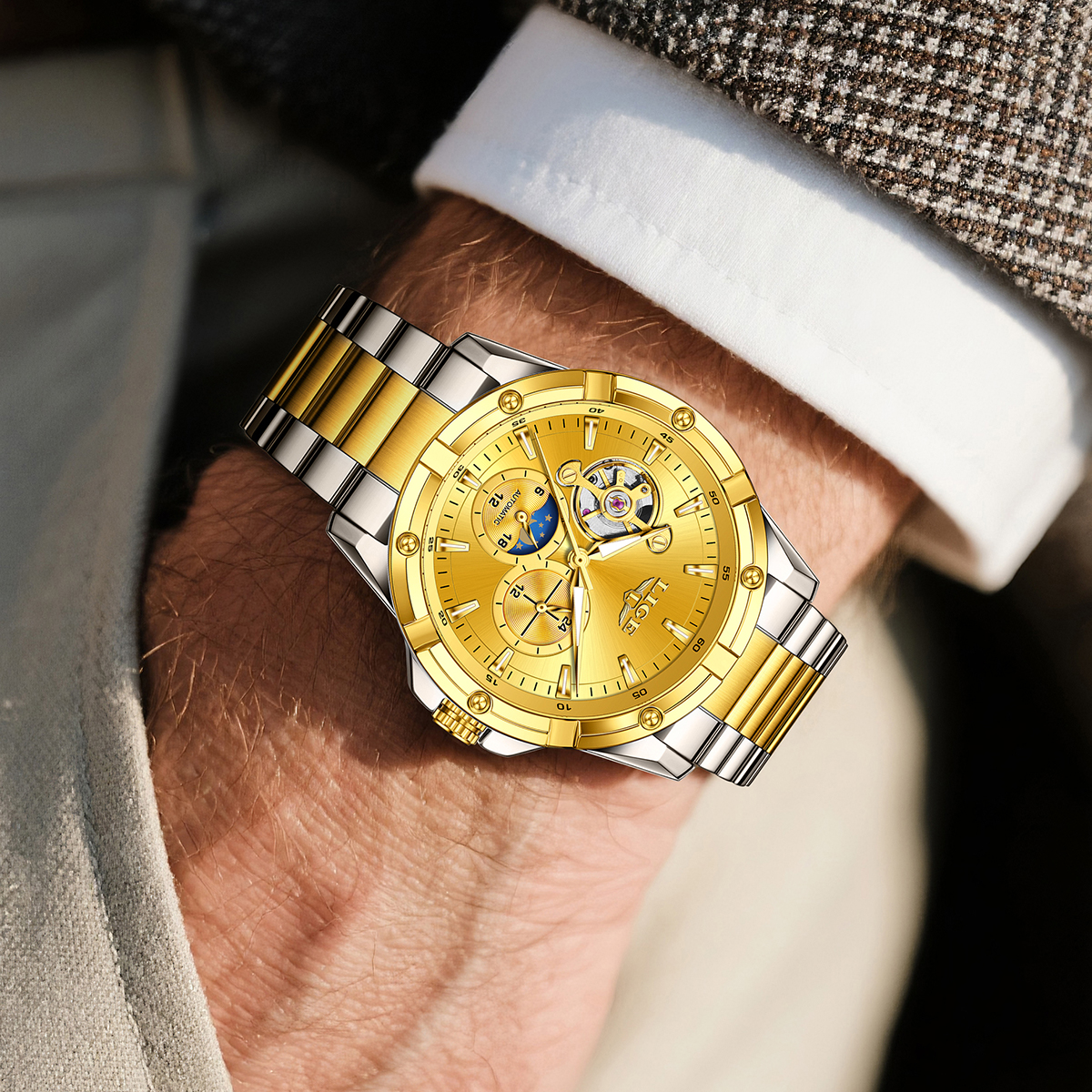 LIGE Men's Mechanical Watch Stainless Steel Band Fashion Business Watch 30m Waterproof Watch Tourbillon Multifunctional Mechanical Watch Holiday 