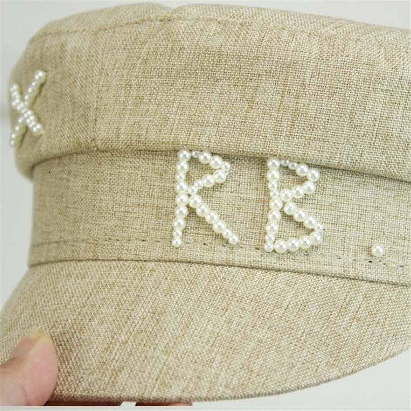 Women Pearls R B Letter Militray Hat Adjustable Flat Top sboy Caps Fashion Female Navy Hat Casual 250717