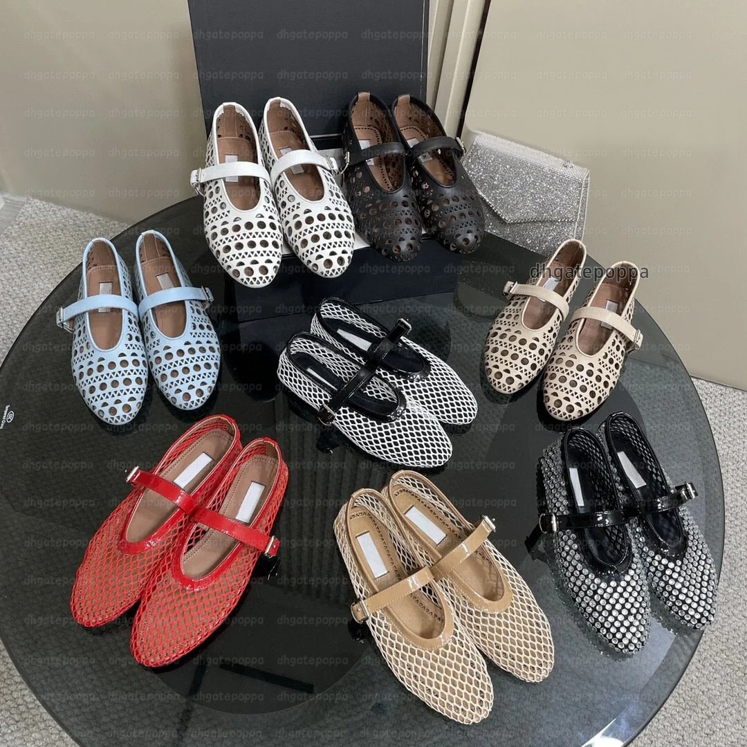 New Paris Luxury designer ballet flats Mesh Cut-Outs pearl button buckle strap Dress shoes Flat sandal Real leather Round toe Dance shoes Office wedding shoes