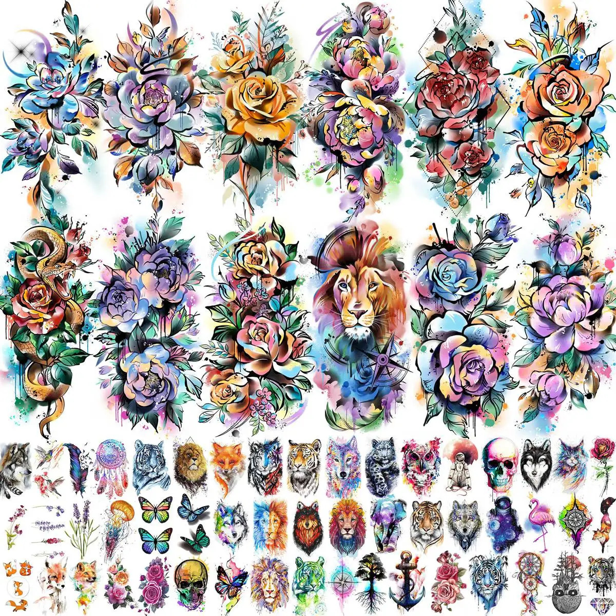 63 Sheets 3D Watercolor Rose Temporary Tattoos For Women Arm Girls Adults Peony Flower Tattoo Sticker Lion Tiger Tattoos 250721