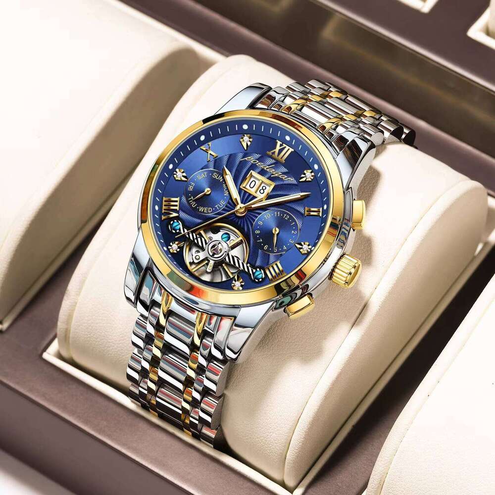 DHgargets Men's Automatic Mechanical Watch - Tourbillon, Skeleton Dial, Day/Date, Luminous, 50M Waterproof, Stainless Steel Business Watch