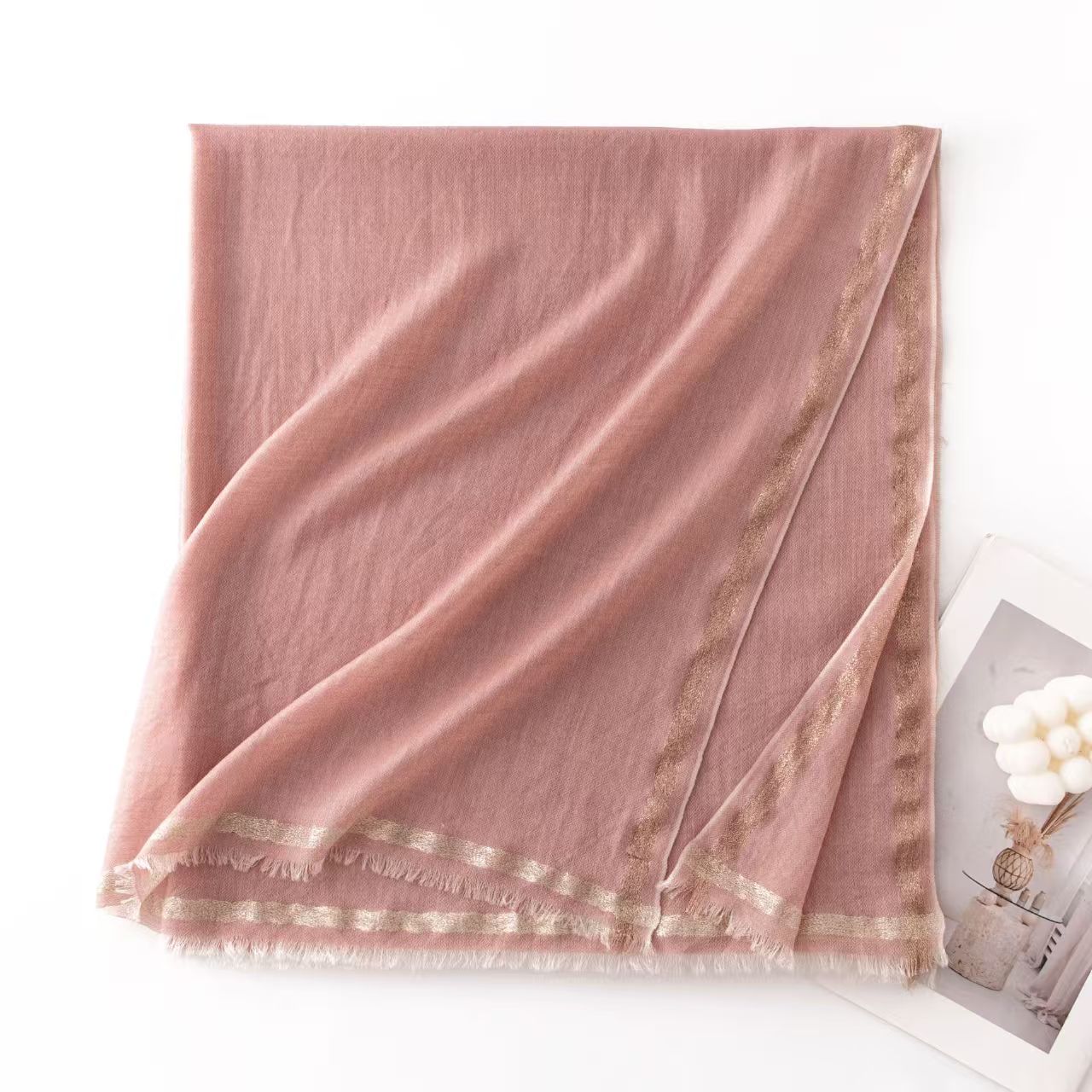 T1268 wool scarf simple style gold silk border jacquard gradient scarf medium and long plaid shawl outer wear thin