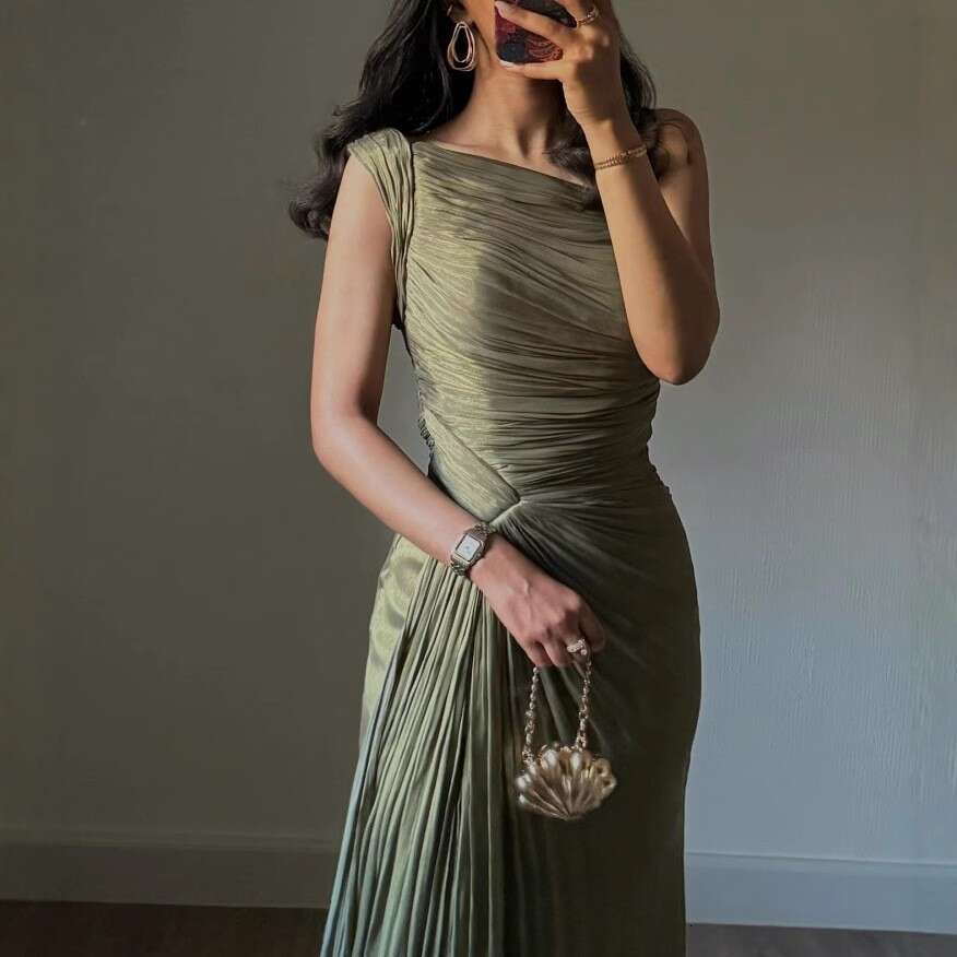 Autumn Winter Cross-Border European and American Middle East Foreign Trade Women's Clothing Pleated Ribbon Shiny Evening Dress