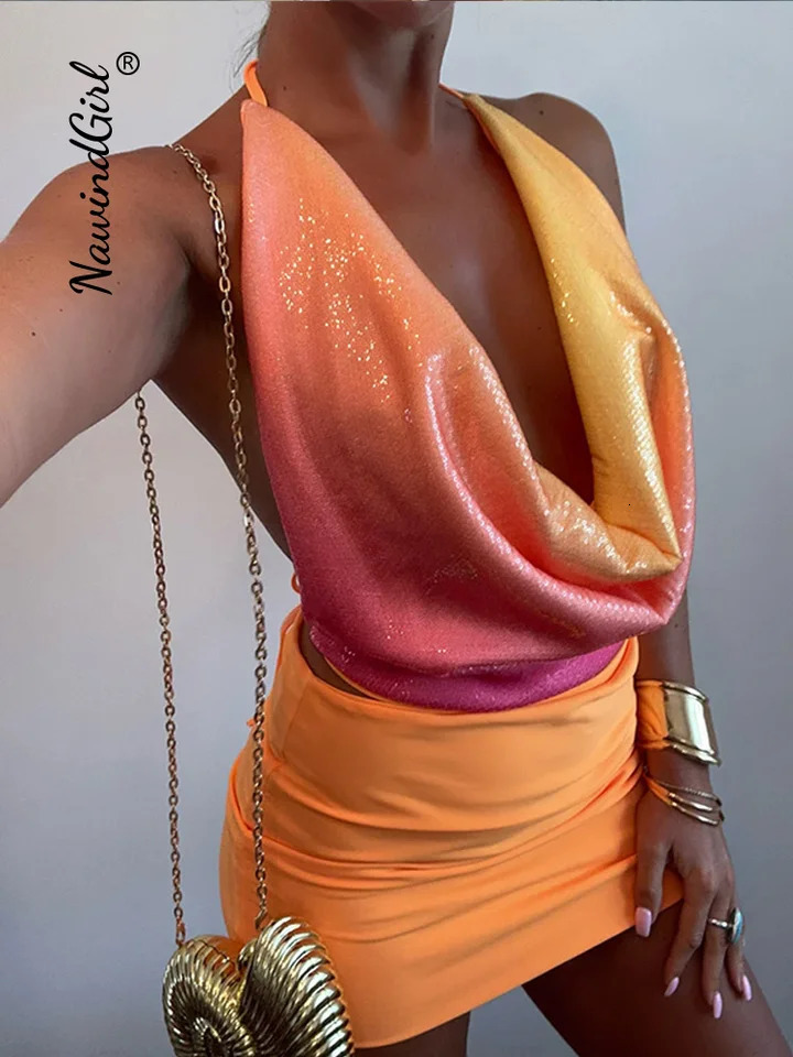 Sexy Sequined Mini Skirt Sets Women Halter Lace Up Sleeveless Backless Tops Hip Package Skirts Summer Beach Outfits Lady 250714