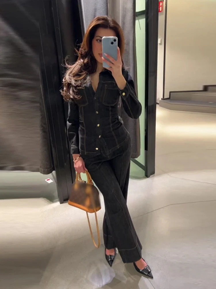 Street Vintage Denim Pants Set Slim Long Sleeve Lapel Single Breasted Jacket Straight Trousers 2025 Autumn Lady Outfits 250717