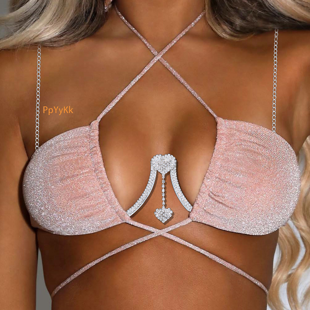 Hot Sale Body Accessory Double Heart VVS Moissanite Iced out Pendant Bustier Stylish Women's Body Chain Jewelry chain