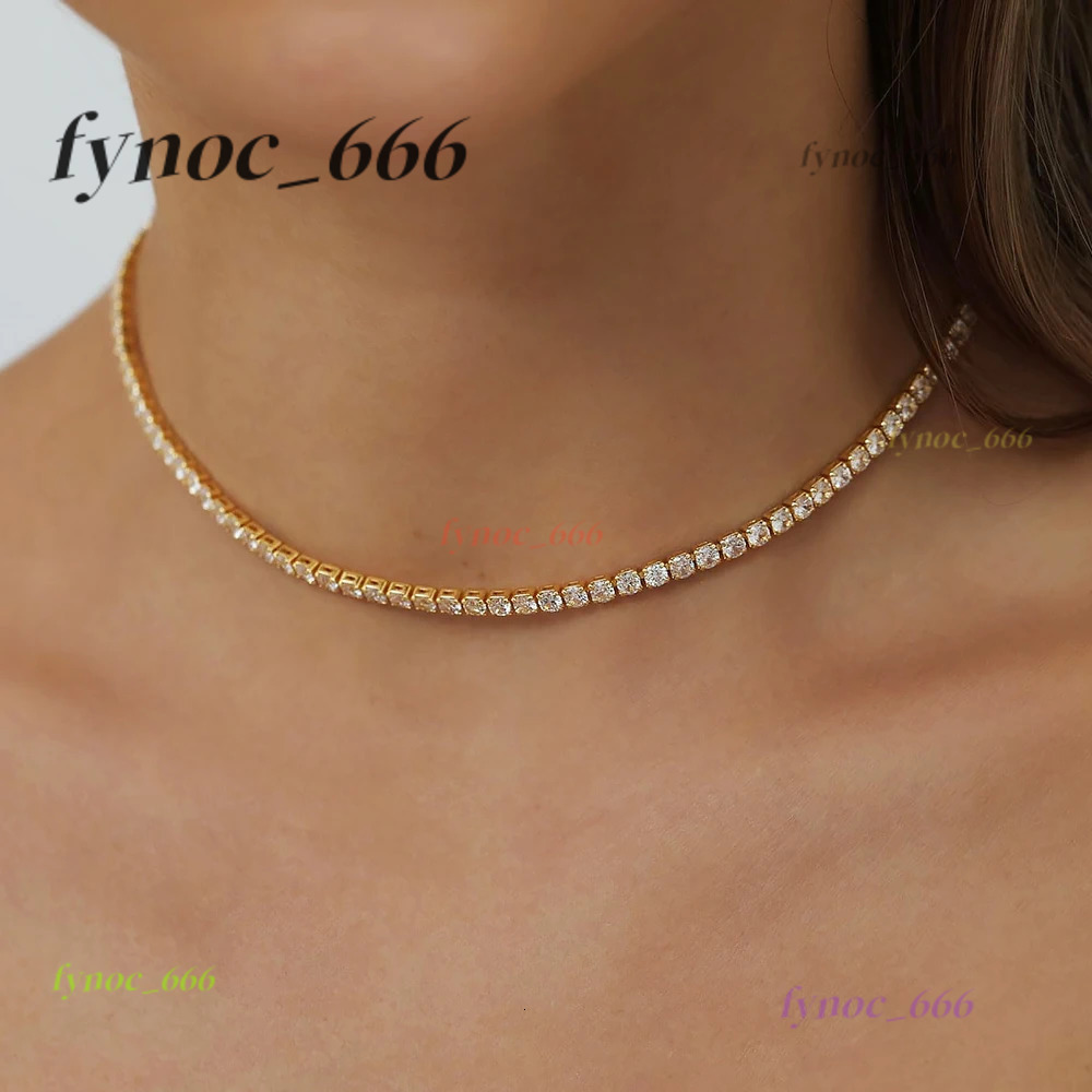 2mm Moissanite Tennis Necklace For Women S925 Silver Plated 18K Gold Sparking Rhinestone Choker Chain Wedding Jewelry Adjustable