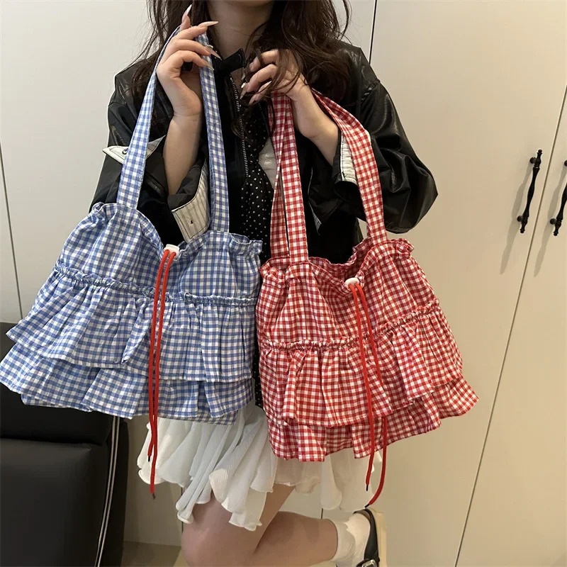 Casual Ruffles Womens Drawstring Shoulder Bags Commute Simple Ladies Plaid Tote Shopping Bag Large Capacity Handbags 250717