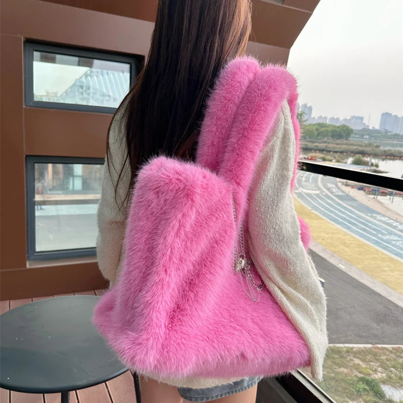 faux fur big tote bag for womens bags large capacity bag plush handbags autumn winter plush shoulder crossbody bag 250717
