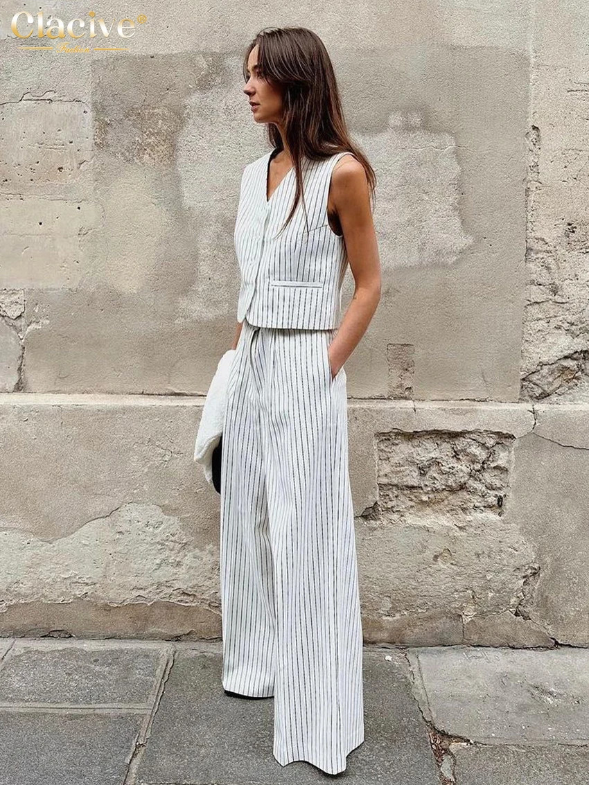 Clacive Fashion Loose Stripe Print Pants Sets For Women 2 Pieces Elegant Sleeveless Tank Top With High Waist Wide Trousers Suits 250714